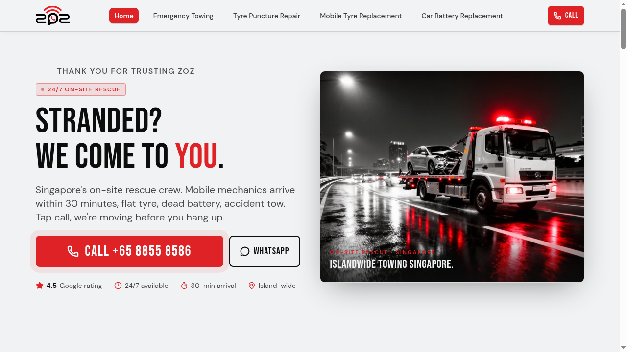 zoz.com.sg — On-site Rescue · Towing